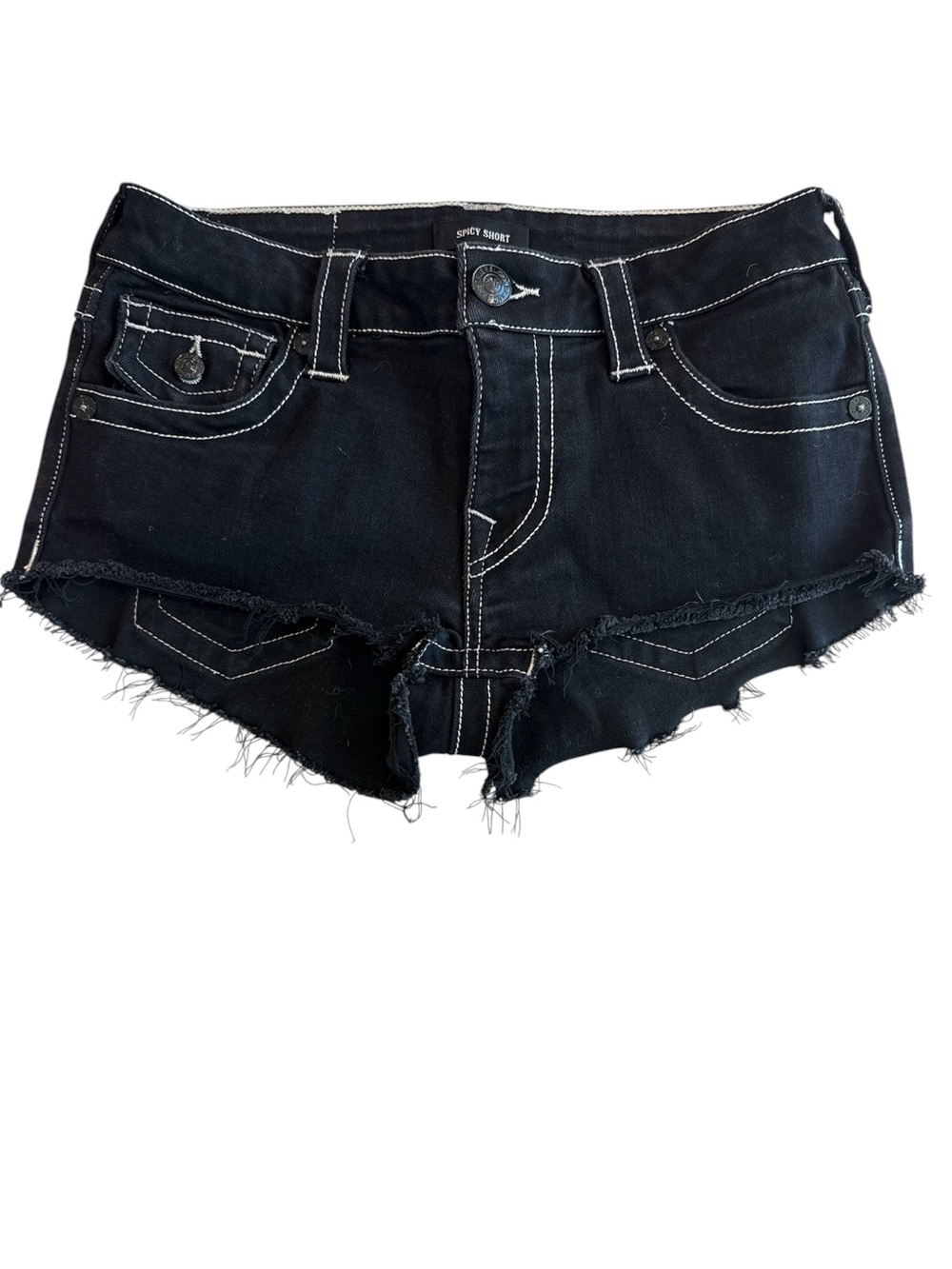 True Religion Jean Spicy Shorts  Micro black denim white stitching Size 25